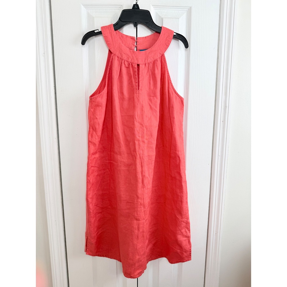 Antibes Blanc Linen‎ Shift Dress S Coral Pink Halter Keyhole Coastal Minimalist